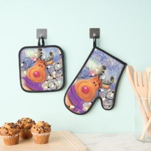 Ensemble De Gant De Cuisine Et De Manique Cute Reinder Christmas Four Mitt & Pot Pot Set