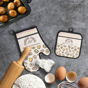 Ensemble De Gant De Cuisine Et De Manique Cute Rose Jaune Cuite Cuite Avec Amour