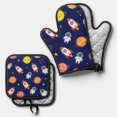 Ensemble De Gant De Cuisine Et De Manique Cute Space Explorer Kids Pattern (Recto/Verso)