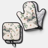 Ensemble De Gant De Cuisine Et De Manique Cute Woodland Raccoon Vert Abeilles Champignons (Recto/Verso)