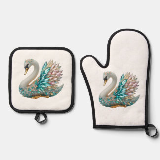 Ensemble De Gant De Cuisine Et De Manique Cygne en diamant Bedazzled or cristal Bling