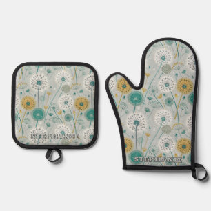 Ensemble De Gant De Cuisine Et De Manique Dandelion Whimsical - Jaune, Blanc & Turquoise