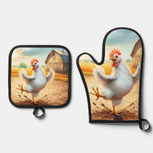 Ensemble De Gant De Cuisine Et De Manique Danse Du Poulet À Barnyard
