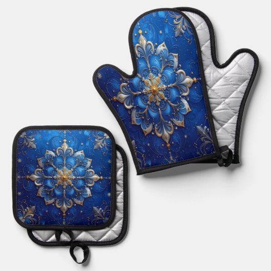 Ensemble De Gant De Cuisine Et De Manique Décoratif Bleu (Recto/Verso)