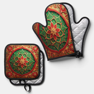 Ensemble De Gant De Cuisine Et De Manique Décoratif Rouge Vert