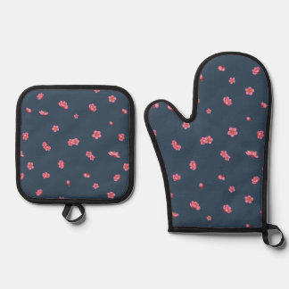 Ensemble De Gant De Cuisine Et De Manique Deep Navy Japanese Red Plum Blossom Floral Pattern