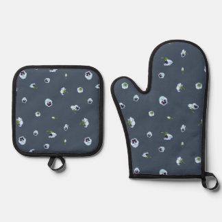 Ensemble De Gant De Cuisine Et De Manique Deep Slate Blue Japanese Blue Pansy Floral Pattern