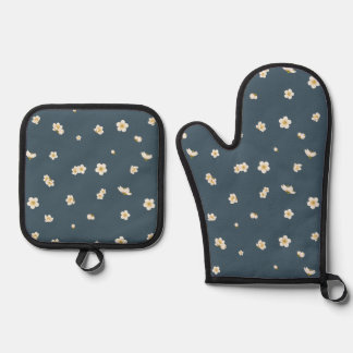 Ensemble De Gant De Cuisine Et De Manique Deep Slate Blue White Plum Blossom Floral Pattern