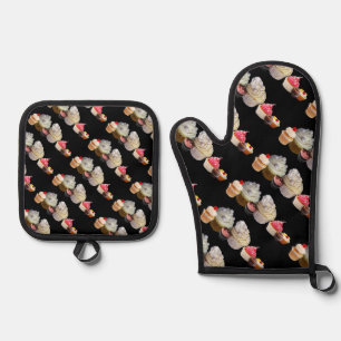 Ensemble De Gant De Cuisine Et De Manique DÉLICIEUX CUPCAKES DESERT SHOP, Rose Black Fuchsia