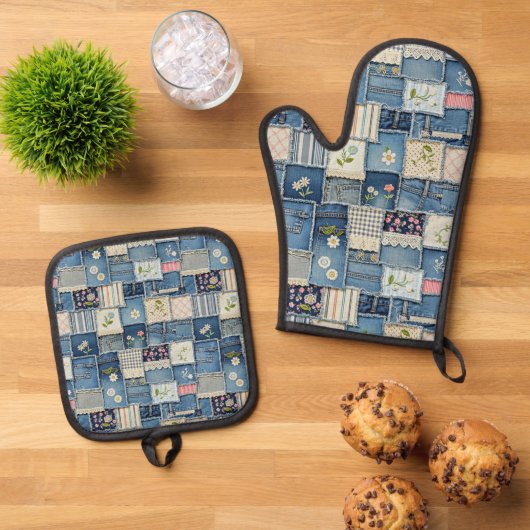 Ensemble De Gant De Cuisine Et De Manique Denim patchwork (De haut en bas)