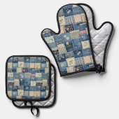 Ensemble De Gant De Cuisine Et De Manique Denim Patchwork (Recto/Verso)