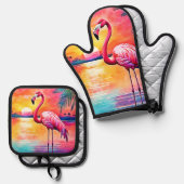 Ensemble De Gant De Cuisine Et De Manique Design d'art Flamant rose Sunset (Recto/Verso)