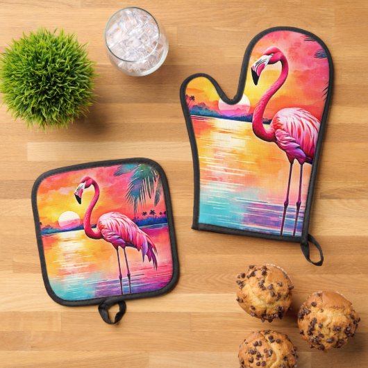 Ensemble De Gant De Cuisine Et De Manique Design d'art Flamant rose Sunset (De haut en bas)