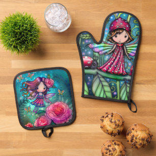 Ensemble De Gant De Cuisine Et De Manique Deux jolies fées des fleurs Art par Molly Harrison