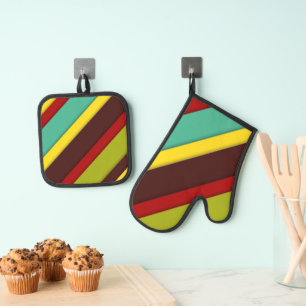 Ensemble De Gant De Cuisine Et De Manique Diagonales multicolores