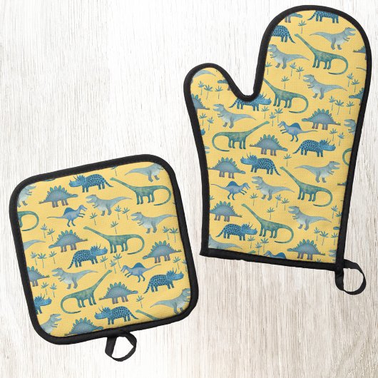 Ensemble De Gant De Cuisine Et De Manique Dinosaur amusant Motif Jaune