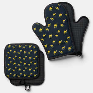 Ensemble De Gant De Cuisine Et De Manique Dinosaures jaunes mignons motif sur bleu