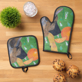 Ensemble De Gant De Cuisine Et De Manique Dog and orange oven mitt & pot holder set