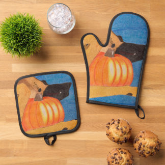 Ensemble De Gant De Cuisine Et De Manique Dog paws and pumpkin oven mitt & pot holder set