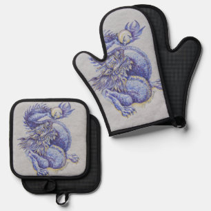Ensemble De Gant De Cuisine Et De Manique Dragon bleu