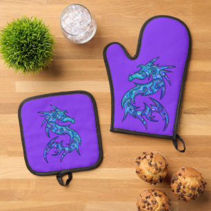 Ensemble De Gant De Cuisine Et De Manique Dragon rempli de points Motif 1a