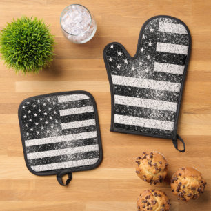 Ensemble De Gant De Cuisine Et De Manique Drapeau américain noir blanc faux brillant patriot