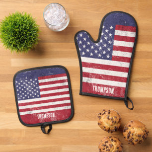 Ensemble De Gant De Cuisine Et De Manique Drapeau vintage USA Patriotique Américain Rouge Bl