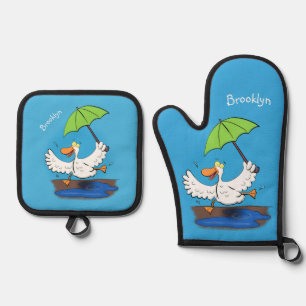 Ensemble De Gant De Cuisine Et De Manique Drôle canard avec parapluie dessin animé