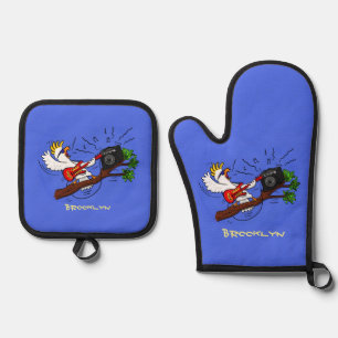 Ensemble De Gant De Cuisine Et De Manique Drôle cockatoo jouant de la guitare rock dessin an