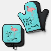 Ensemble De Gant De Cuisine Et De Manique Drôle Flamant rose rose s'éteint (Recto/Verso)