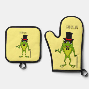 Ensemble De Gant De Cuisine Et De Manique Drôle grenouille avec chapeau dessus dessin animé