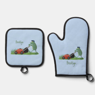 Ensemble De Gant De Cuisine Et De Manique Drôle grenouille verte tondre la pelouse dessin