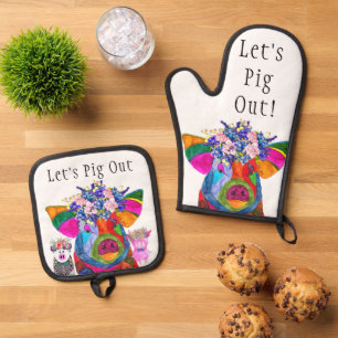 Ensemble De Gant De Cuisine Et De Manique Drôle, sortons le cochon