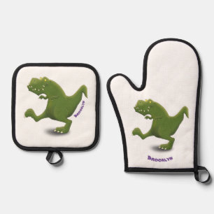 Ensemble De Gant De Cuisine Et De Manique Drôle T rex dinosaure dessin animé humour