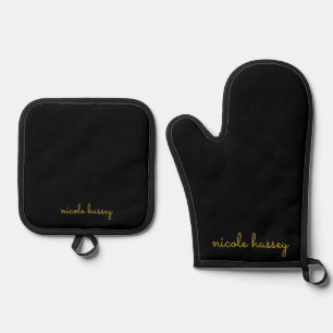 Ensemble De Gant De Cuisine Et De Manique Écriture noire et or Monogramme moderne élégant