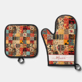 Ensemble De Gant De Cuisine Et De Manique Effet Quilt Patchwork (Recto)