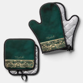 Ensemble De Gant De Cuisine Et De Manique Élégant Chic Gold Tourne Vert (Recto/Verso)