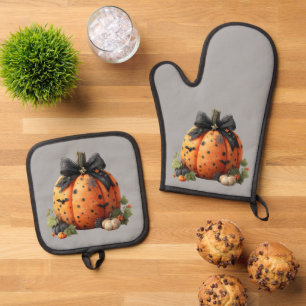 Ensemble De Gant De Cuisine Et De Manique Élégant Citrouille d'Halloween avec cabot noir