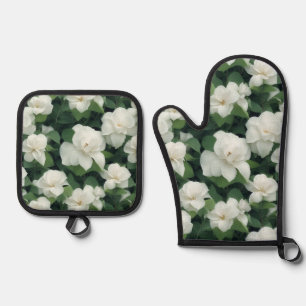 Ensemble De Gant De Cuisine Et De Manique Élégant classique vert botanique blanc floral