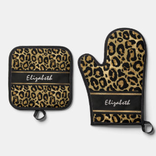 Ensemble De Gant De Cuisine Et De Manique Elégant Faux Gold Leopard Poster de animal personn