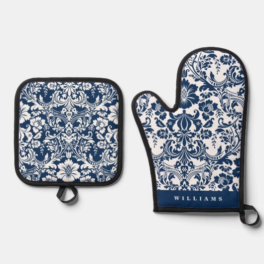 Ensemble De Gant De Cuisine Et De Manique Elégant modèle bleu floral de la marine Damas (Recto)