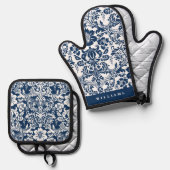 Ensemble De Gant De Cuisine Et De Manique Elégant modèle bleu floral de la marine Damas (Recto/Verso)