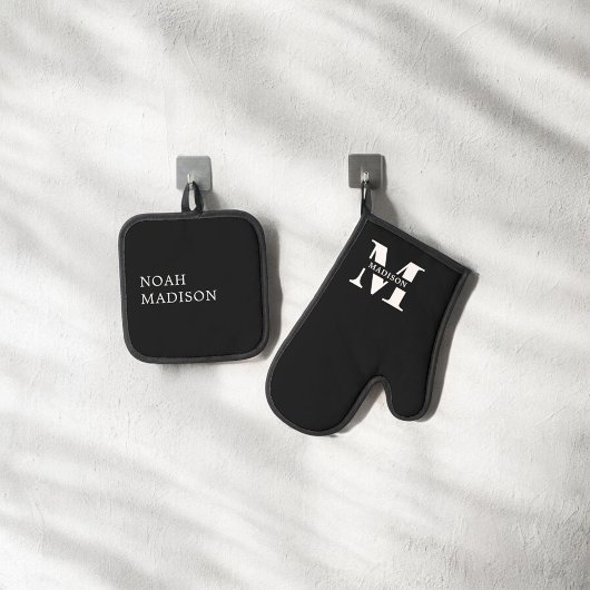 Ensemble De Gant De Cuisine Et De Manique Élégant Monogramme noir