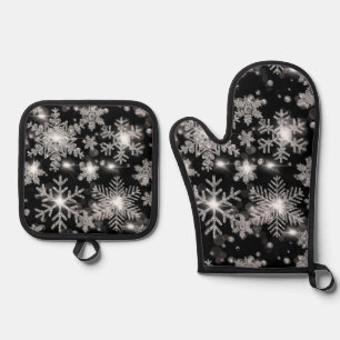Ensemble De Gant De Cuisine Et De Manique Élégant Noël noir blanc argent flocons de neige