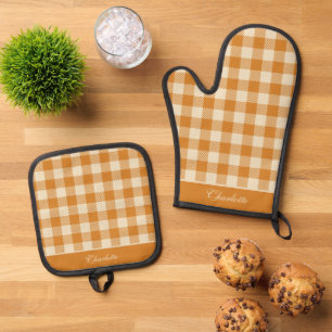 Ensemble De Gant De Cuisine Et De Manique Elégant orange et crème Lumberjack Tartan personna