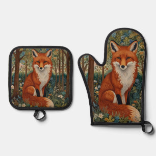 Ensemble De Gant De Cuisine Et De Manique Elégant retro boho rouge renard animal de forêt