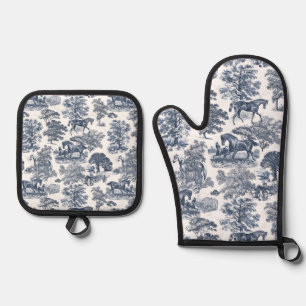 Ensemble De Gant De Cuisine Et De Manique Elégant Rustique Horses Toile Bleu