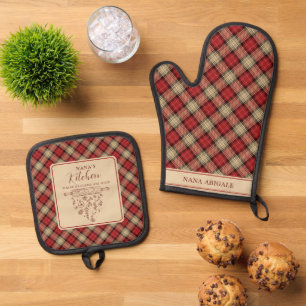 Ensemble De Gant De Cuisine Et De Manique Élégant Tartan rouge et beige Plaid Nana's Kitchen