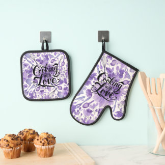 Ensemble De Gant De Cuisine Et De Manique Elégante couleur d'aquarelle florale violet