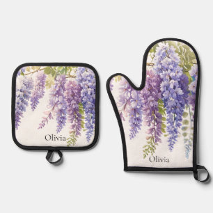 Ensemble De Gant De Cuisine Et De Manique Elégante glycine d'aquarelle violette florale